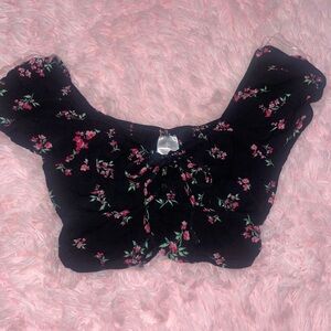 Black floral mini crop top with bow peekaboo